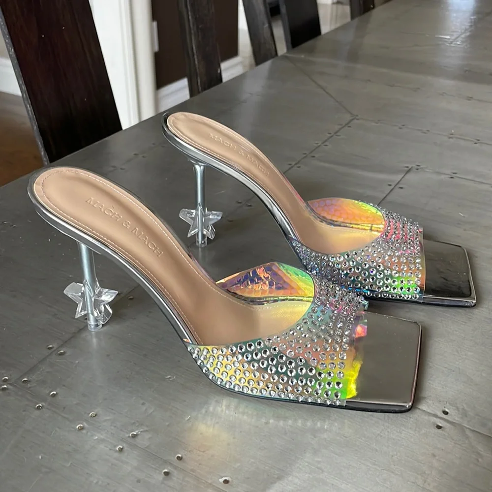 Mach & Mach crystal embellished iridescent silver mules sandals pumps sz 39